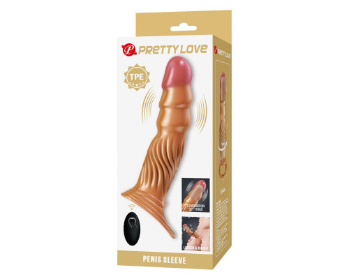 Карамельная удлиняющая насадка на пенис с вибрацией и пультом ДУ