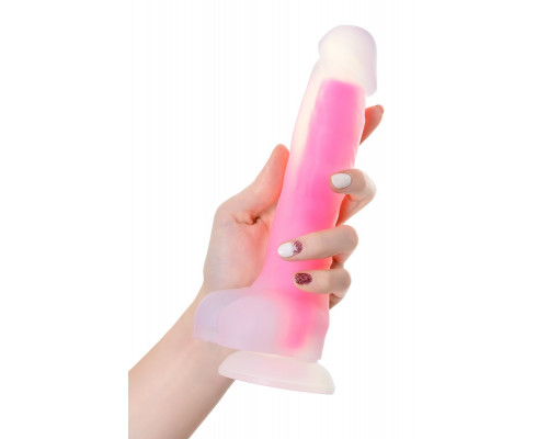 Прозрачно-розовый фаллоимитатор, светящийся в темноте, Clark Glow - 22 см.