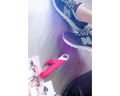 Заказать Розовый вибратор с клиторальным стимулятором ELLY с подогревом - 21,5 см.