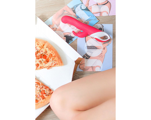 Заказать Розовый вибратор с клиторальным стимулятором ELLY с подогревом - 21,5 см.