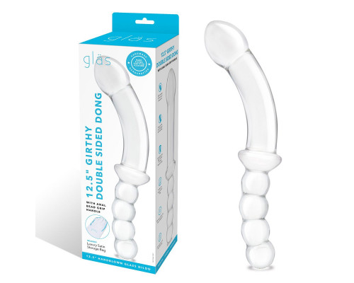 Заказать Стеклянный двусторонний фаллоимитатор 12,5’’ Girthy Double Sided Dong With Anal Bead Grip Handle - 32 см.