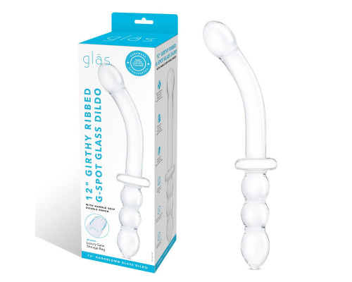 Заказать Изогнутый стеклянный фаллоимитатор 12’’ Girthy Ribbed G-Spot Glass Dildo With Handle Grip Double Ended - 30 см.