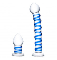 Набор из 2 стеклянных игрушек с синей спиралью Swirly Dildo   Buttplug Set