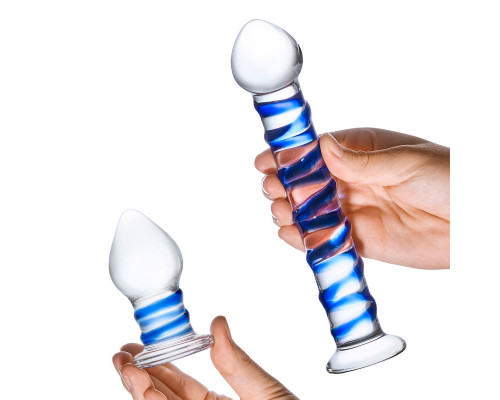 Заказать Набор из 2 стеклянных игрушек с синей спиралью Swirly Dildo   Buttplug Set
