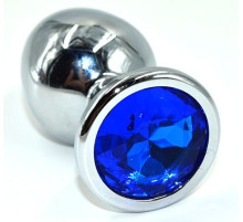Серебристая анальная пробка из нержавеющей стали с синим кристаллом - 8,5 см.