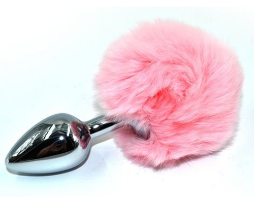 Заказать Серебристая округлая анальная пробка с заячьим хвостиком розового цвета - 11,5 см.