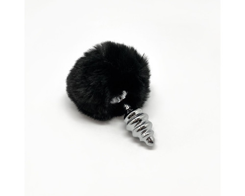 Серебристая анальная пробка с черным хвостиком Metal Anal Fluffly Twist Plug S