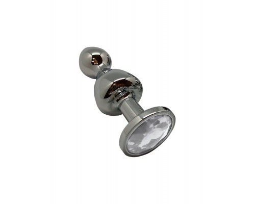 Серебристая анальная втулка Wooomy Lollypop M с прозрачным кристаллом - 9,4 см.