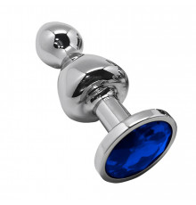 Серебристая анальная втулка Wooomy Lollypop L с синим кристаллом - 10,5 см.