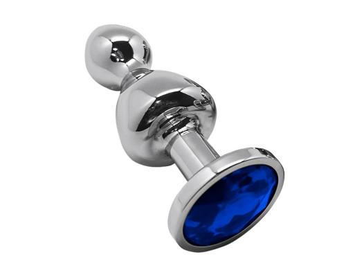 Серебристая анальная втулка Wooomy Lollypop L с синим кристаллом - 10,5 см.