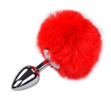 Серебристая анальная пробка с красным хвостиком Metal Anal Fluffy Size S
