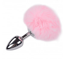 Серебристая анальная втулка с розовым хвостиком Alive Metal Anal Fluffly Plug S