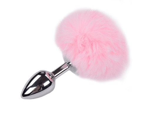 Серебристая анальная втулка с розовым хвостиком Alive Metal Anal Fluffly Plug S