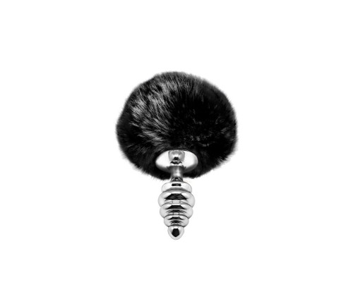 Серебристая анальная пробка с черным хвостиком Metal Anal Fluffly Twist Plug S