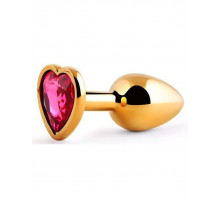 Золотистая анальная пробка с малиновым кристаллом-сердечком - 7 см.
