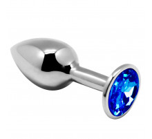 Серебристая анальная втулка с синим кристаллом Mini Metal Butt L - 9 см.