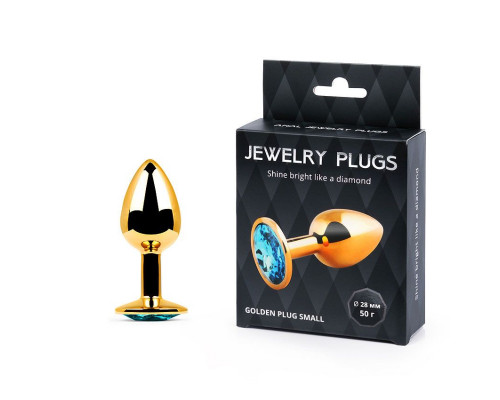 Заказать Золотистая анальная пробка с голубым стразом - 7,2 см.