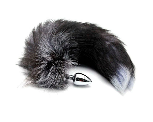 Серебристая анальная пробка с темным лисьим хвостом Black White Fox Tail Size S Серебристая анальная пробка с темным лисьим хвостом Black White Fox Tail Size S