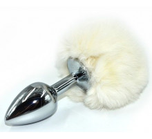 Серебристая округлая анальная пробка с заячьим хвостиком белого цвета - 11,5 см.