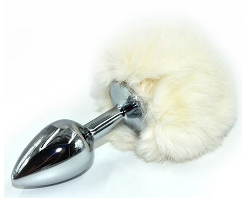 Заказать Серебристая округлая анальная пробка с заячьим хвостиком белого цвета - 11,5 см.