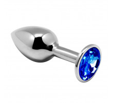 Серебристая анальная втулка с синим кристаллом Mini Metal Butt Plug Size S - 7 см.