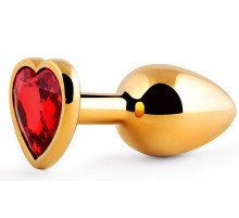 Золотистая анальная пробка с красным стразом-сердечком - 8 см.