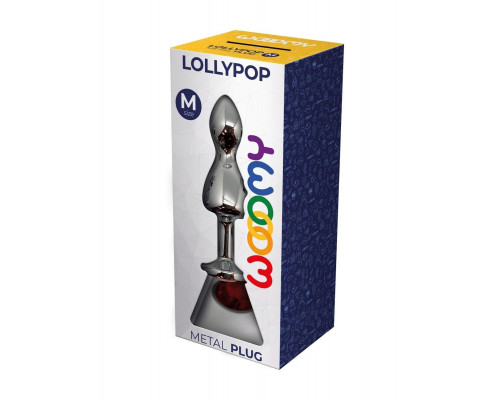 Серебристая анальная втулка Wooomy Lollypop M с красным кристаллом - 9,4 см.
