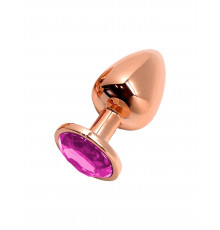 Золотистая анальная втулка Wooomy Tralalo M с розовым кристаллом - 8 см.