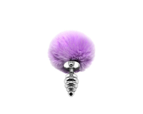 Серебристая анальная пробка с сиреневым помпоном Metal Anal Fluffly Twist Plug S