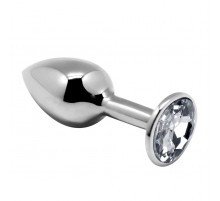 Серебристая анальная втулка с прозрачным кристаллом Mini Metal Butt Plug Size M - 8 см.