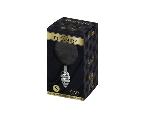 Серебристая анальная пробка с черным хвостиком Metal Anal Fluffly Twist Plug S
