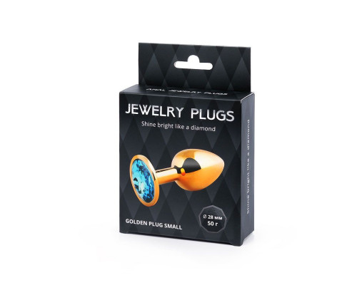 Заказать Золотистая анальная пробка с голубым стразом - 7,2 см.