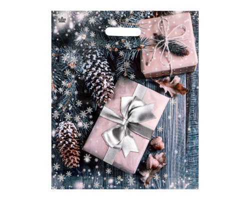 Новогодний пакет с принтом в виде подарков и вырубной ручкой (45х38 см)