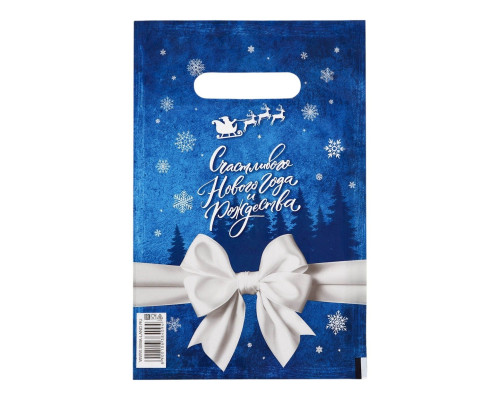Сине-белый подарочный новогодний пакет с вырубной ручкой (20х30 см)