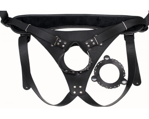 Заказать Телесный реалистичный фаллоимитатор на черных трусиках Real Big Strap-On - 34,5 см.