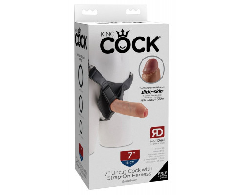Заказать Страпон с телесной насадкой 7  Uncut with Strap on Harness - 18 см.