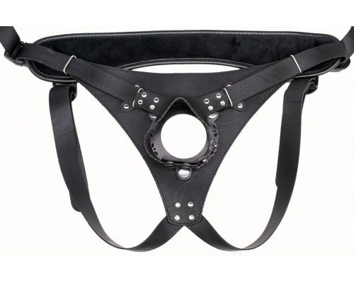 Заказать Телесный реалистичный фаллоимитатор на черных трусиках Real Big Strap-On - 34,5 см.