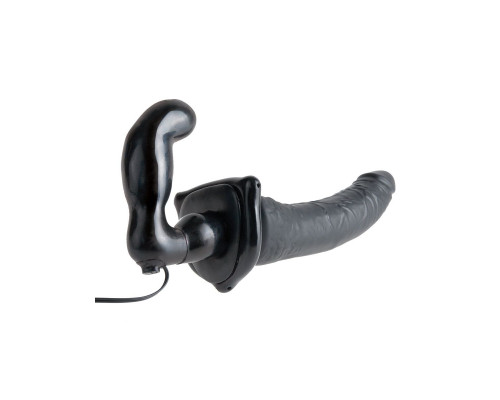 Заказать Черный страпон с вагинальной пробкой Deluxe Vibrating Penetrix Strap-On - 19 см.