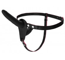 Черный страпон на ремнях с вагинальной пробкой - 15 см.